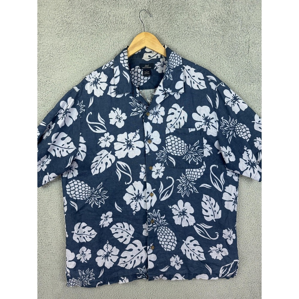Brooks Brothers Shirt Mens Large Blue Linen Hawaiian Aloha Floral Print Camp